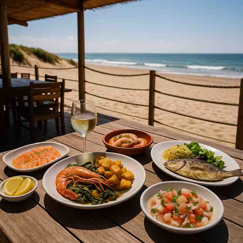 A Costa Da Caparica beach table set with plates of food and a glass of wine, surrounded by sand and Atlantic ocean waves in the background.