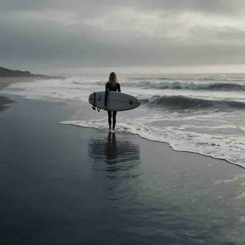 A woman strides on the Costa da Caparica beach, holding a surfboard, as the ocean waves roll in beside her.